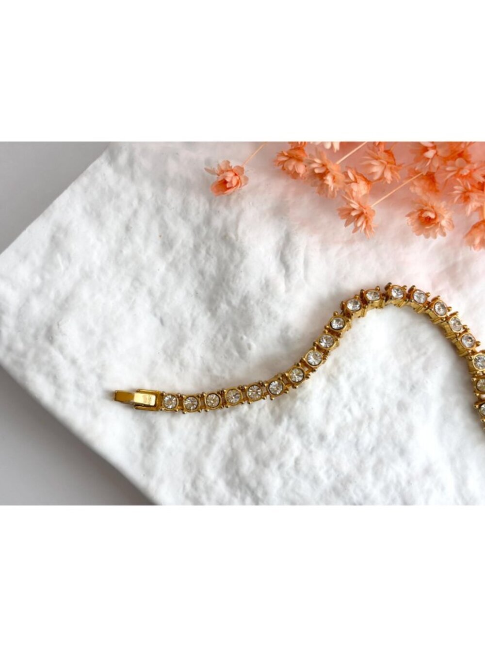 Chainlink Gold Toned Clear Rhinestoned Vintage Minimalist Tennis Bracelet - Picture 14 of 15
